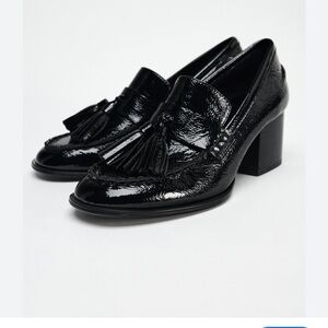 Zara Glossy Faux Patent Black Tassel Heel Loafers